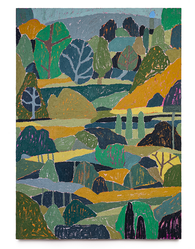Multicolored vertical landscape. Mostly green. 