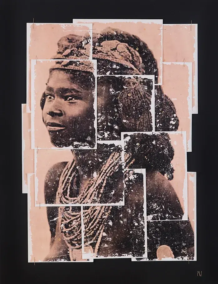 Colonized 115, 2023. Marta Fàbregas. Mixed media on watercolor paper from old photograph 51 1/5 × 39 2/5 × 3 9/10 in | 130 × 100 × 10 cm