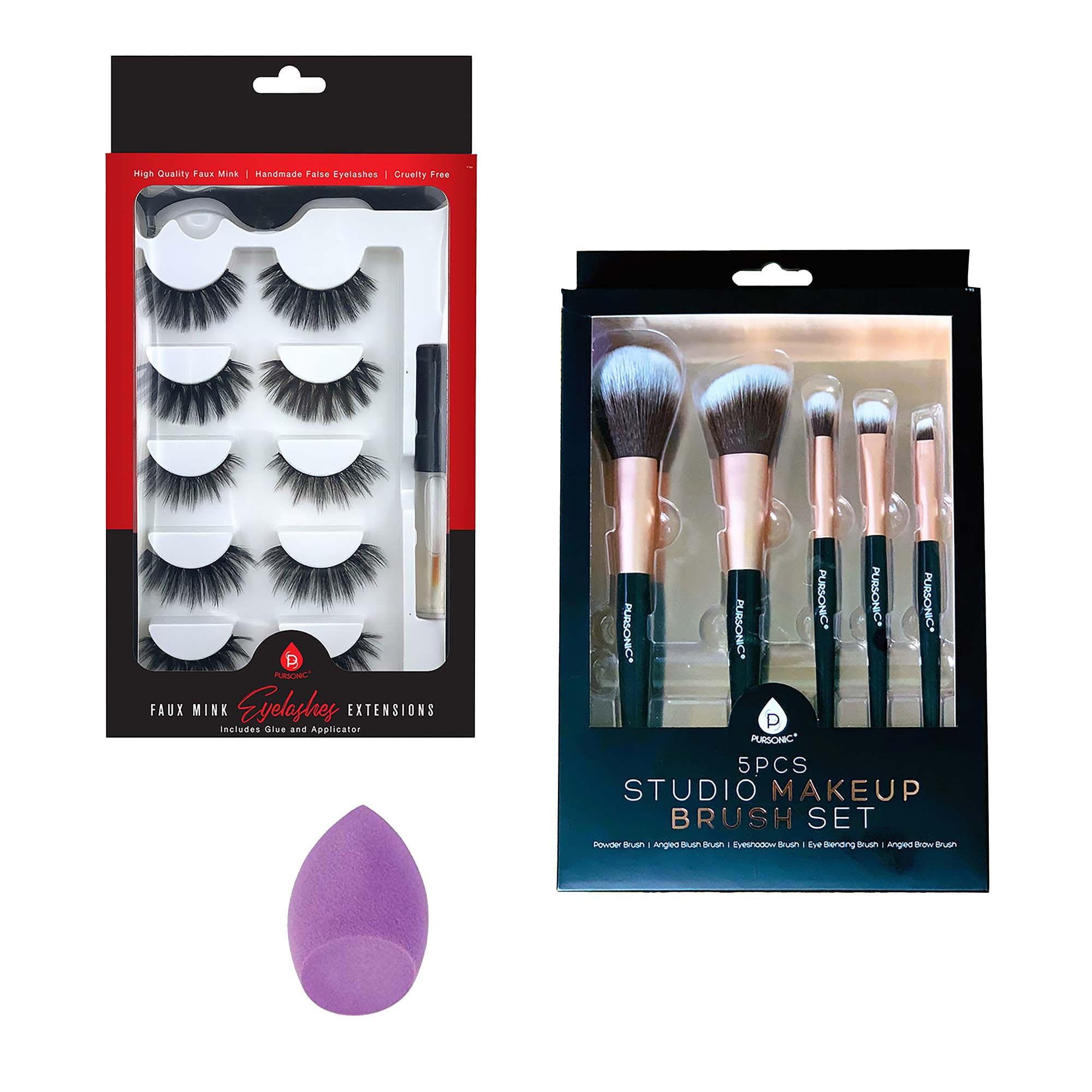 Pursonic Glam Essentials Bundle: 3D Faux Mink Lashes, Makeup Sponge & Brush Set