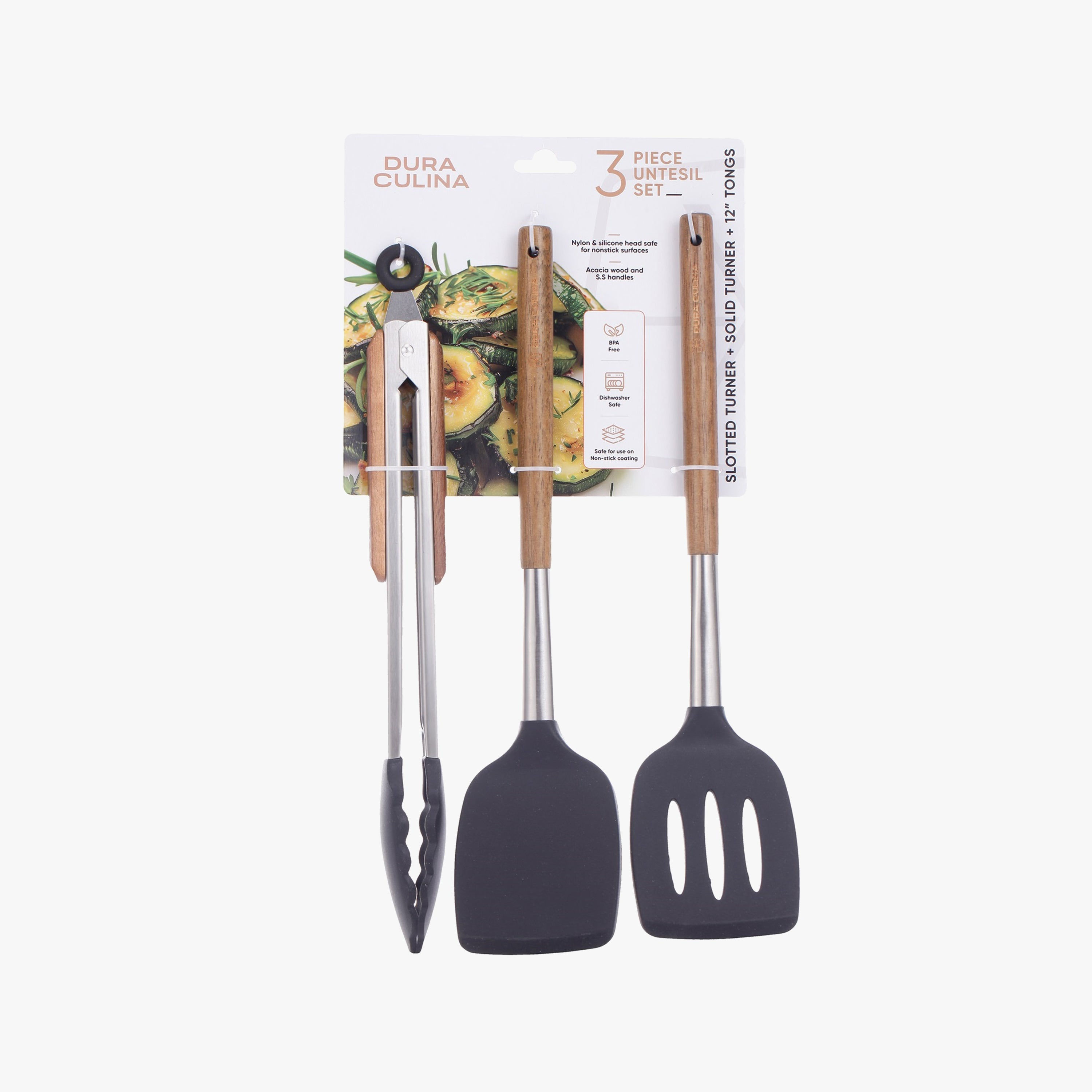 3-Piece Kitchen Tool Set - Acacia Wood & Stainless Steel Handles, Silicone Heads