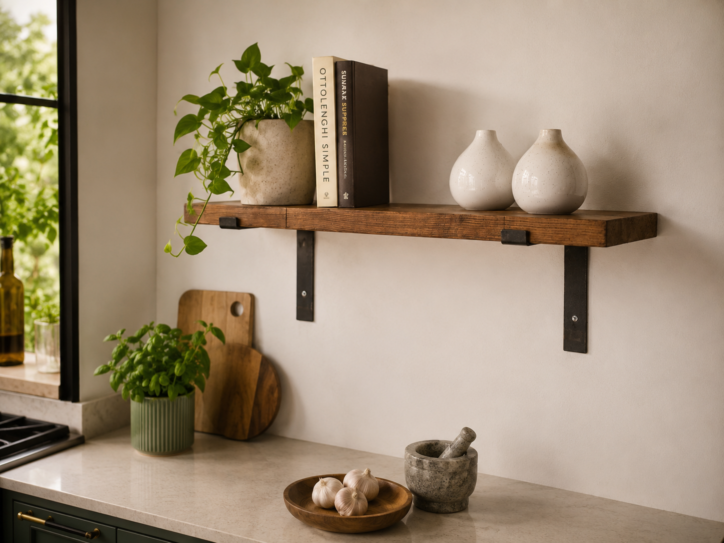RUSTIC SHELF WITH LIPPED METAL BRACKET 38mmx 220mm