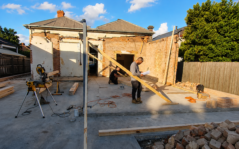 Knockdown rebuild project in Moonee Ponds during the structural construction phase.