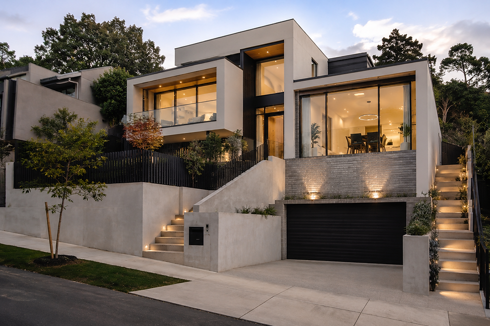 Completed sloping block custom home project by DEMK Constructions in Melbourne.