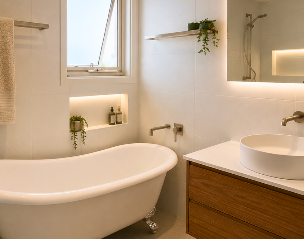Modern bathroom renovation in Sunshine North, featuring a freestanding bath, timber vanity, vessel basin, recessed wall niche, and soft ambient lighting