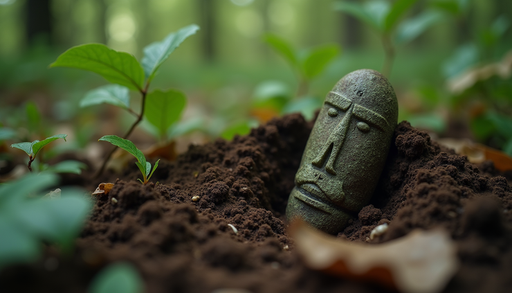 Close-up view of a hidden artifact partially buried in forest soil