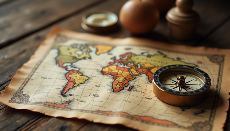 High angle view of a weathered map and compass on a wooden table