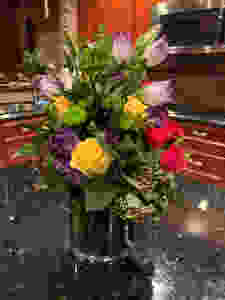 empty nesters finally, flower centerpiece, roses