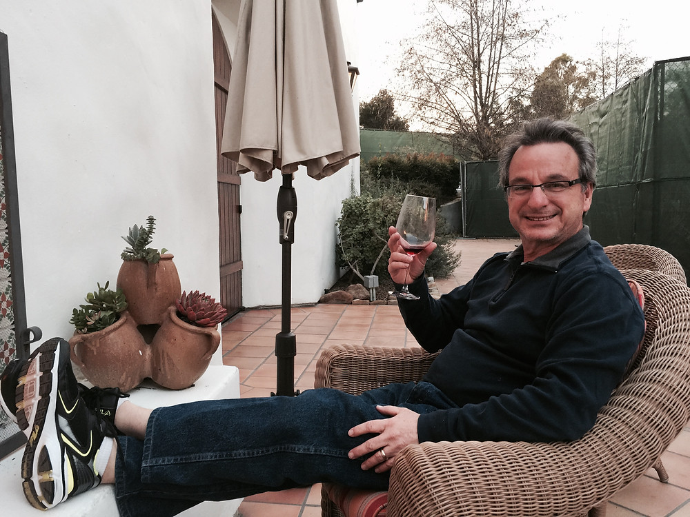 empty nester Brad drinking wine, Ojai Valley Inn