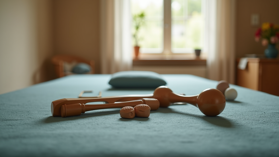 Eye-level view of massage table with sports massage tools nearby