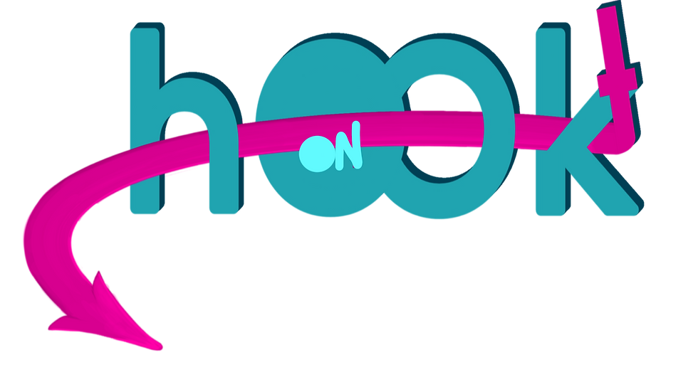 Turquoise and pink "hook on" graphic with arrow, hOOkt on ACCESS, JulesL art.