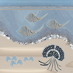 Abstract modern art with blue, grey, and white swirls on neutral background representing sea life JulesL art