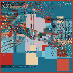 Abstract scarf artwork with geometric shapes, colors, and textures composition design. JulesL art