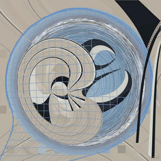 Abstract modern art with blue, grey, and white swirls on neutral background representing crab claws. JulesL art