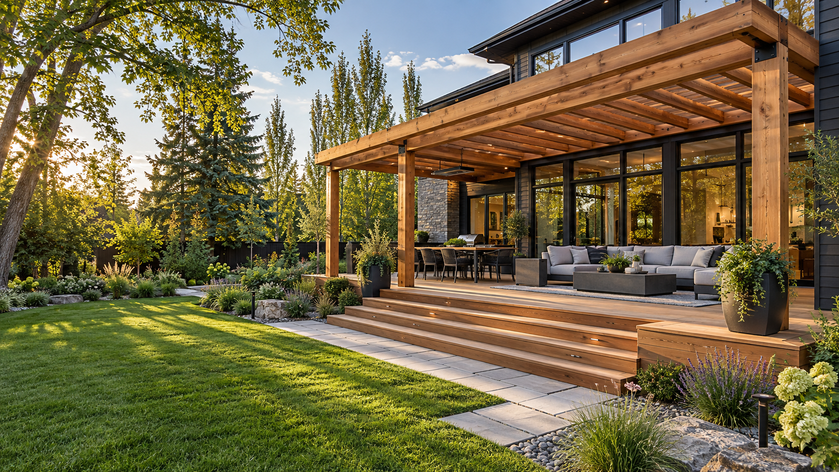 Cedar deck and timber pergola with outdoor seating, garden planting and a stone walkway