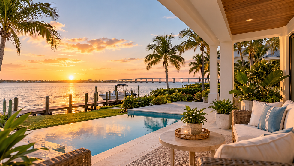 Waterfront Florida vacation home with a private pool, palm trees, and sunset views