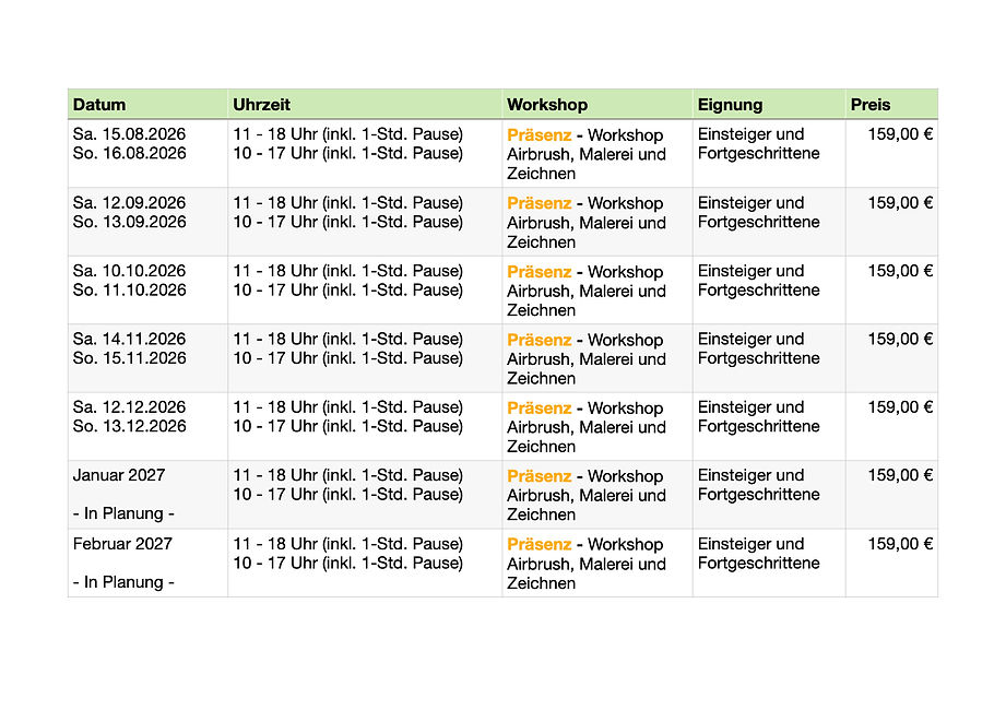 Termine Präsenz-Unterricht bis Dezember 2026