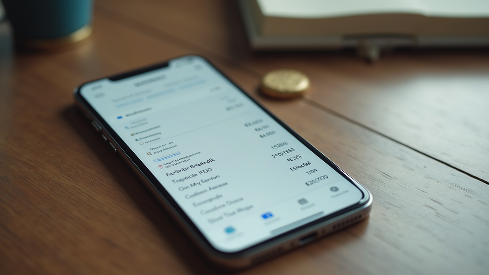 Close-up view of a smartphone showing a budgeting app with categorized expenses
