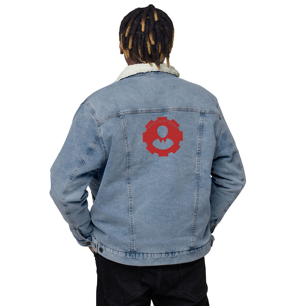 Thumbnail: Unisex denim "Grind Don't Sleep" sherpa jacket