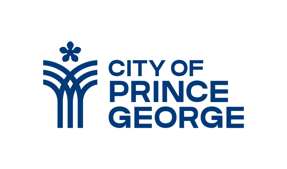 Blue logo featuring a stylized design with a five-petal flower above wavy lines. Text reads "City of Prince George" in bold letters.