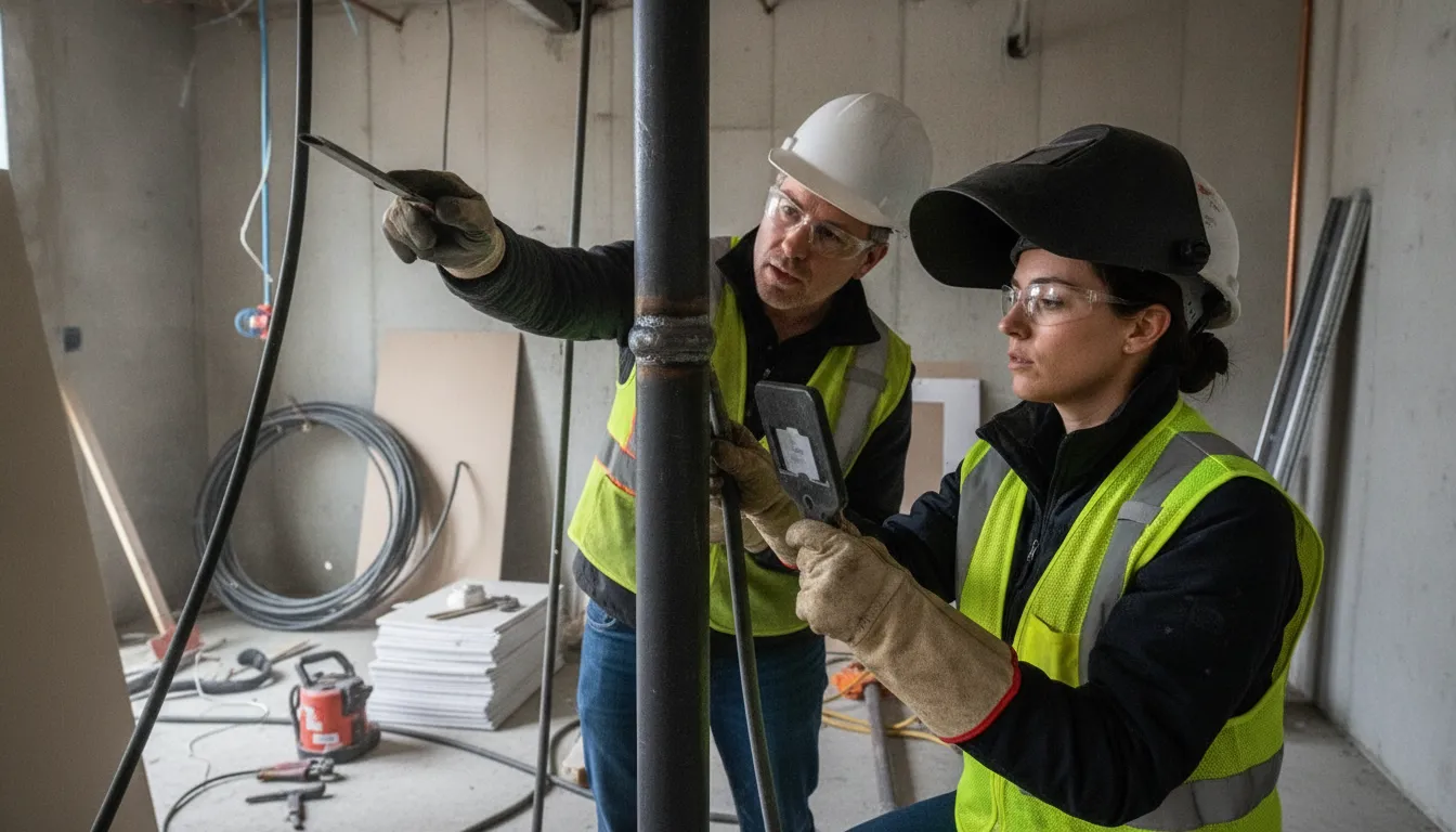 Inspector and welder examining an exposed fuel gas pipe connection in a compact NYC renovation