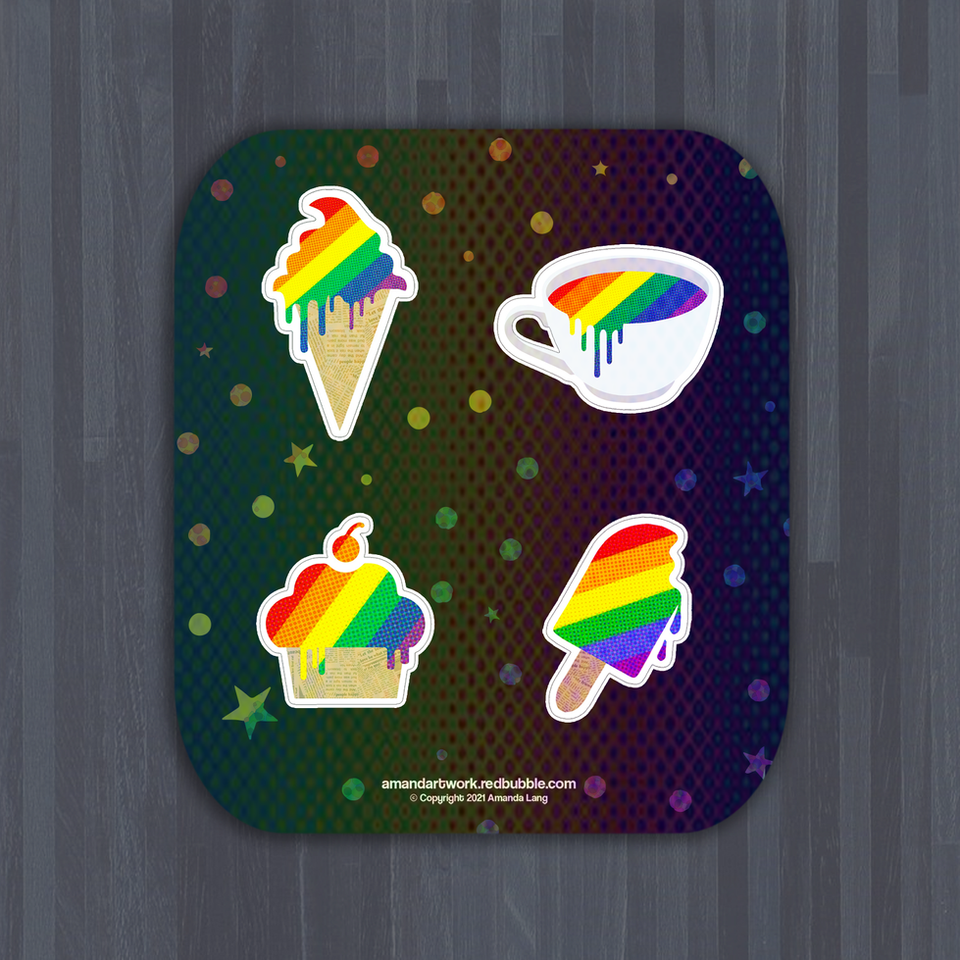 A rainbow-themed sticker sheet with four abstract stickers: a melting ice cream cone, a dripping cup of coffee, a cupcake whose frosting is dropping, and a melting popsicle
