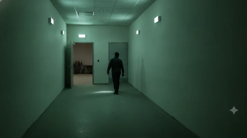 Emergency lighting illuminating a clear egress corridor in a small assembly space