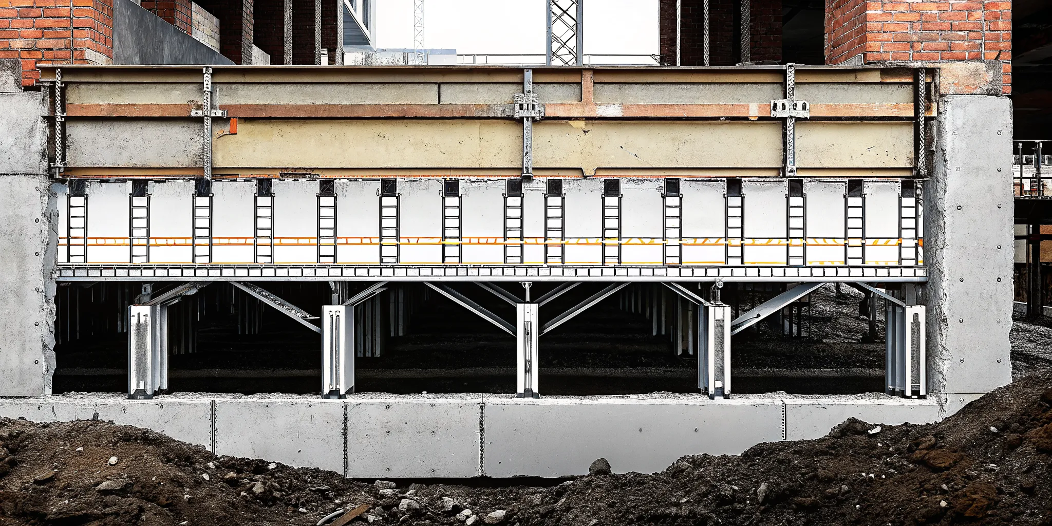 Technical illustration of foundation underpinning diagram showing steel piers and masonry support