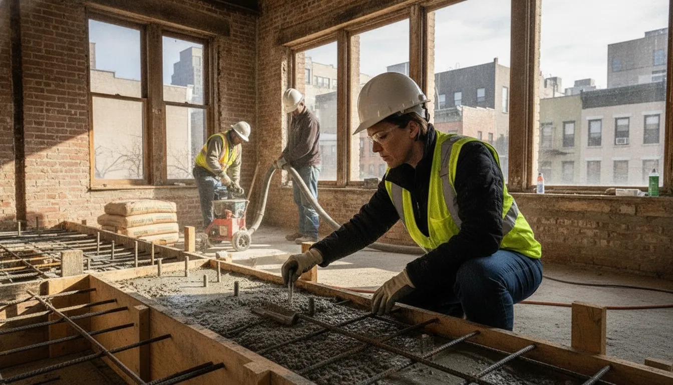Inspector reviewing reinforcement before a concrete pour in a small NYC renovation