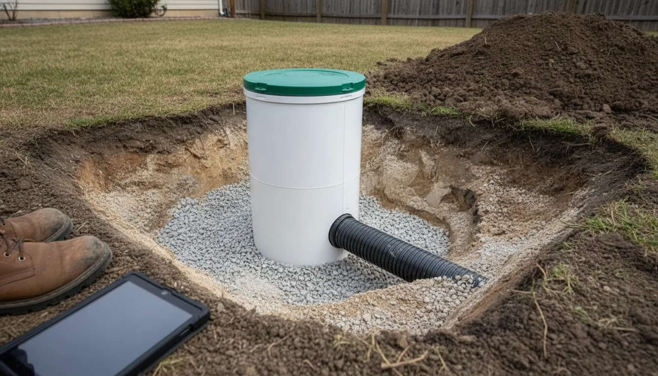 Septic tank access riser and pipe bedding prepared for an NYC installation inspection