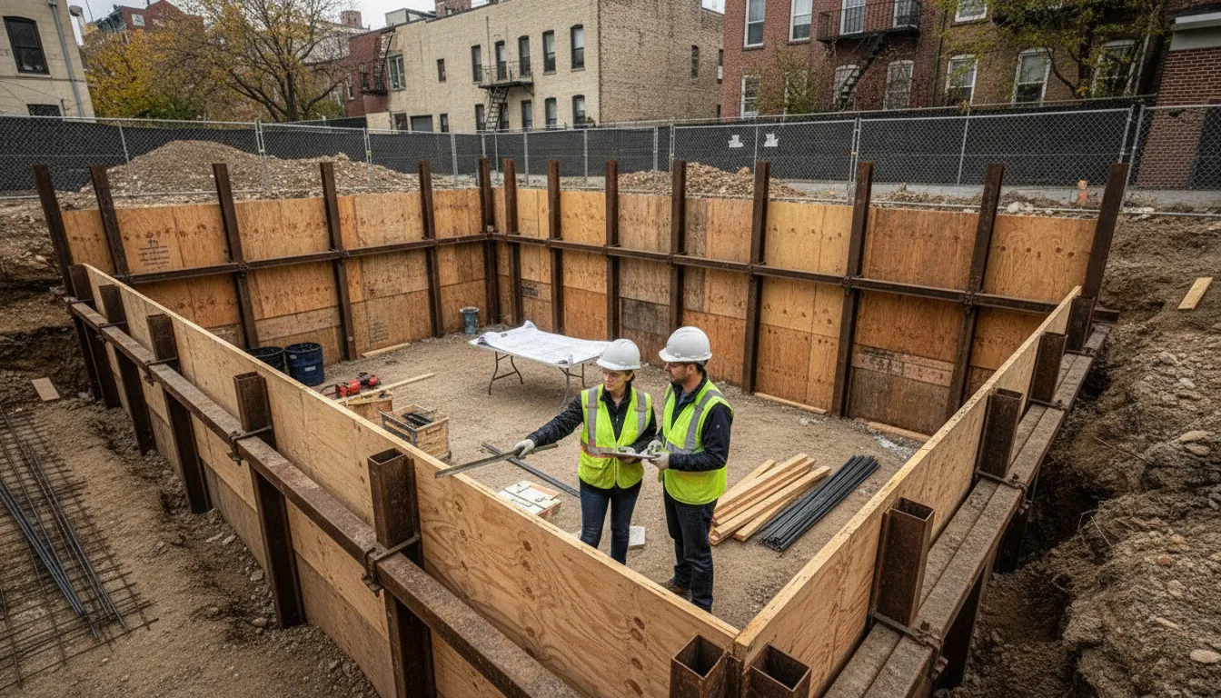 Construction team coordinating an excavation inspection at a low-rise NYC project