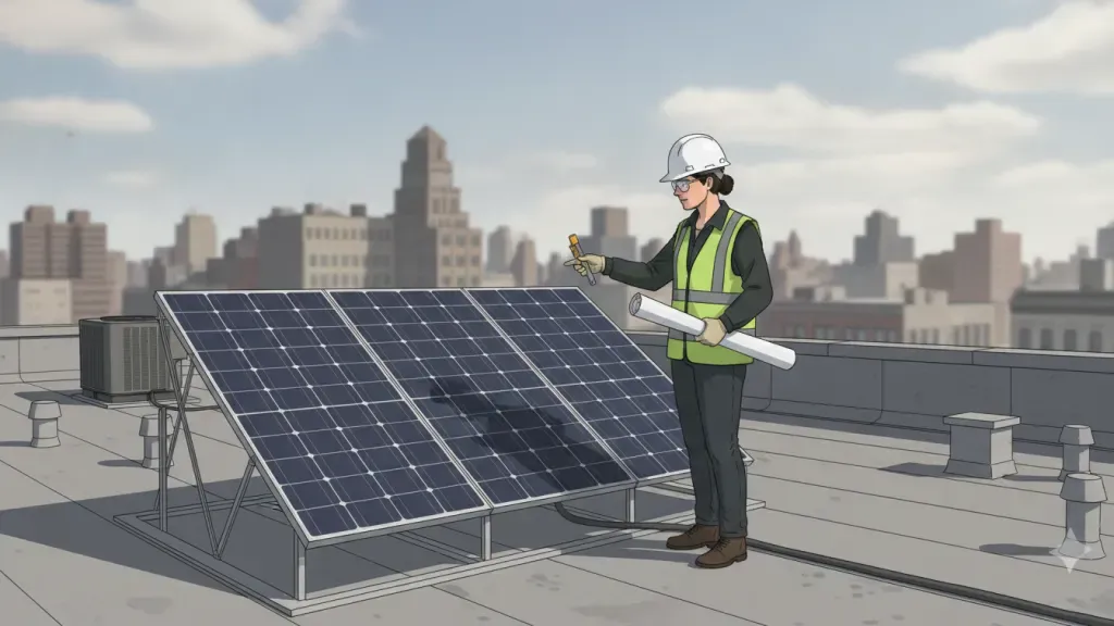 Illustration of a professional checking rooftop solar panel supports and conduit for a NYC filing