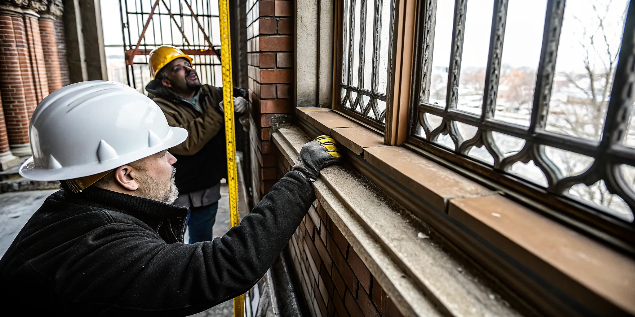 Structural inspector examining the brick facade of an NYC brownstone townhouse