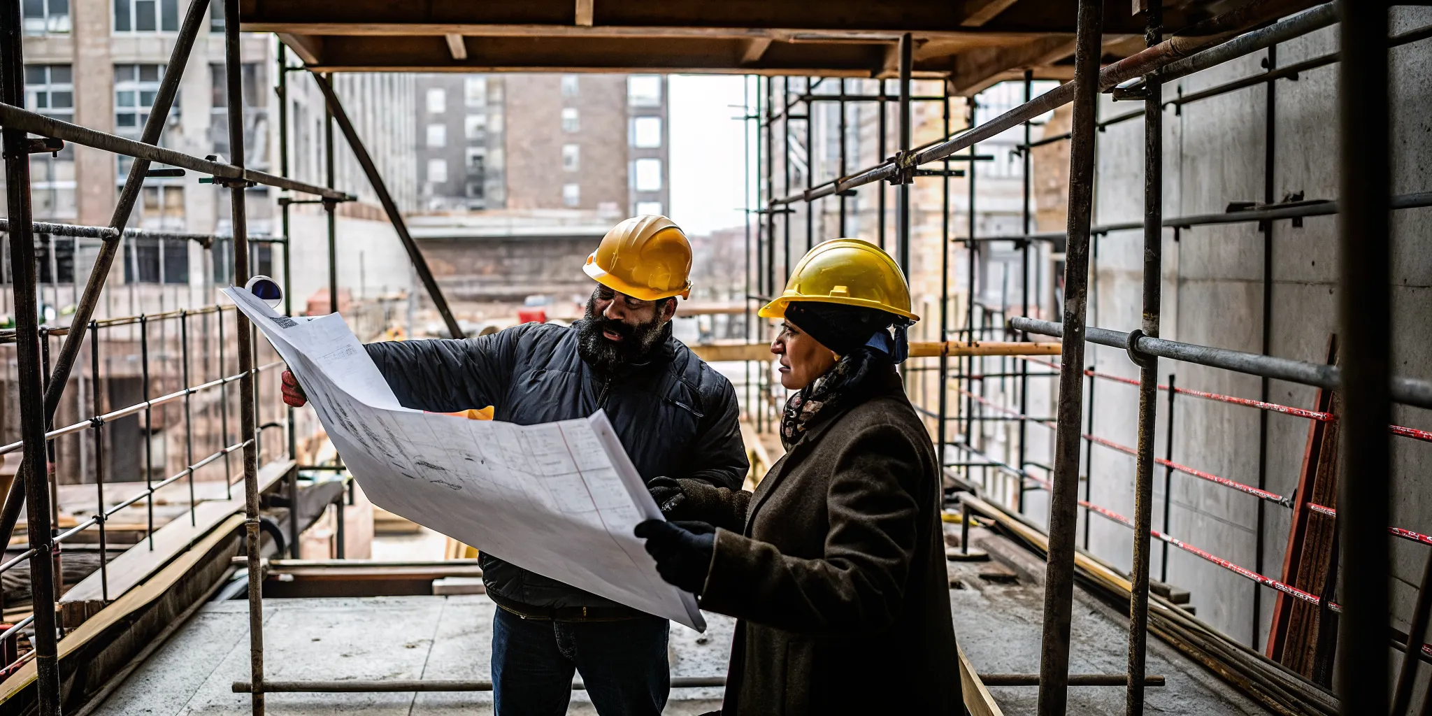Architect and contractor reviewing building codes and inspection documents at a small NYC construction project