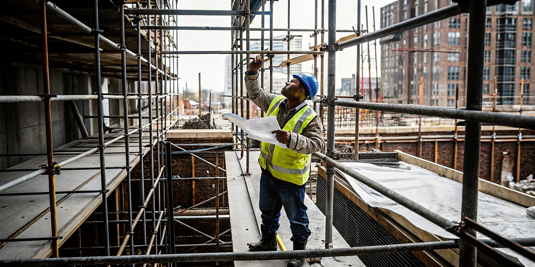 Licensed structural inspector reviewing foundation plans at a New York City underpinning project site