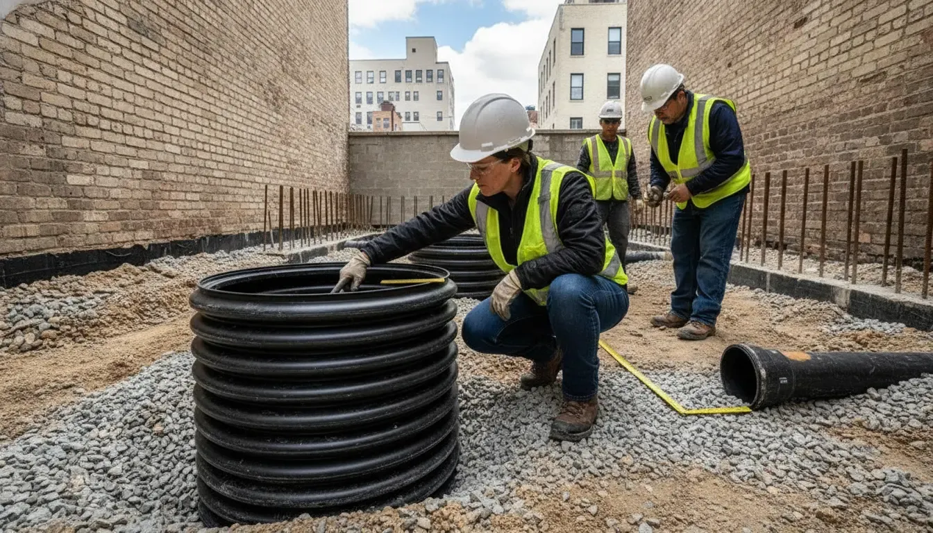 Inspector checking drainage pipe bedding and an underground detention chamber on a small NYC project