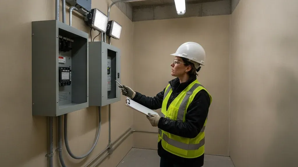 Inspector reviewing emergency lighting along an NYC public assembly exit path