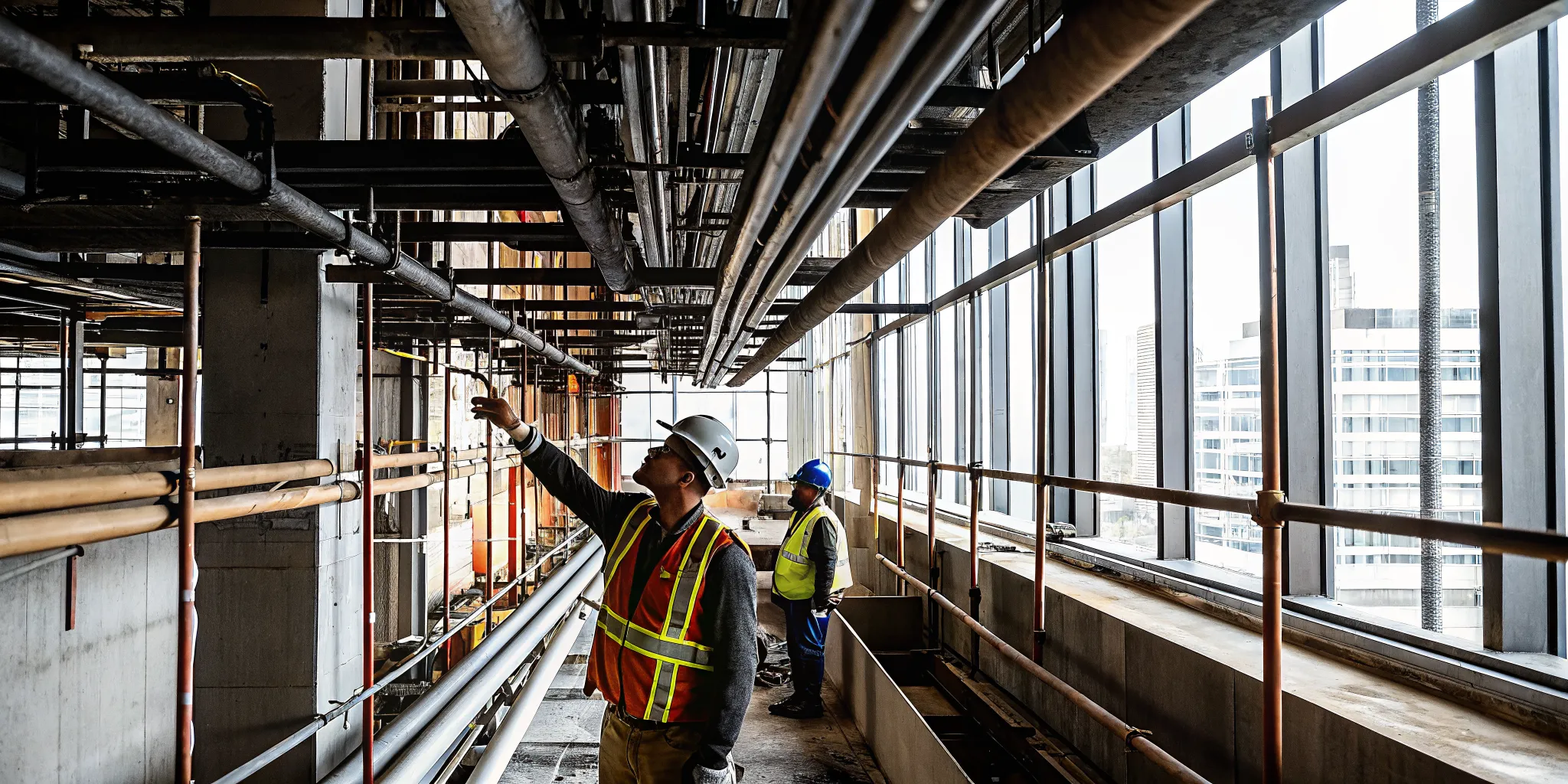 Inspector examining seismic bracing on mechanical piping in an NYC building