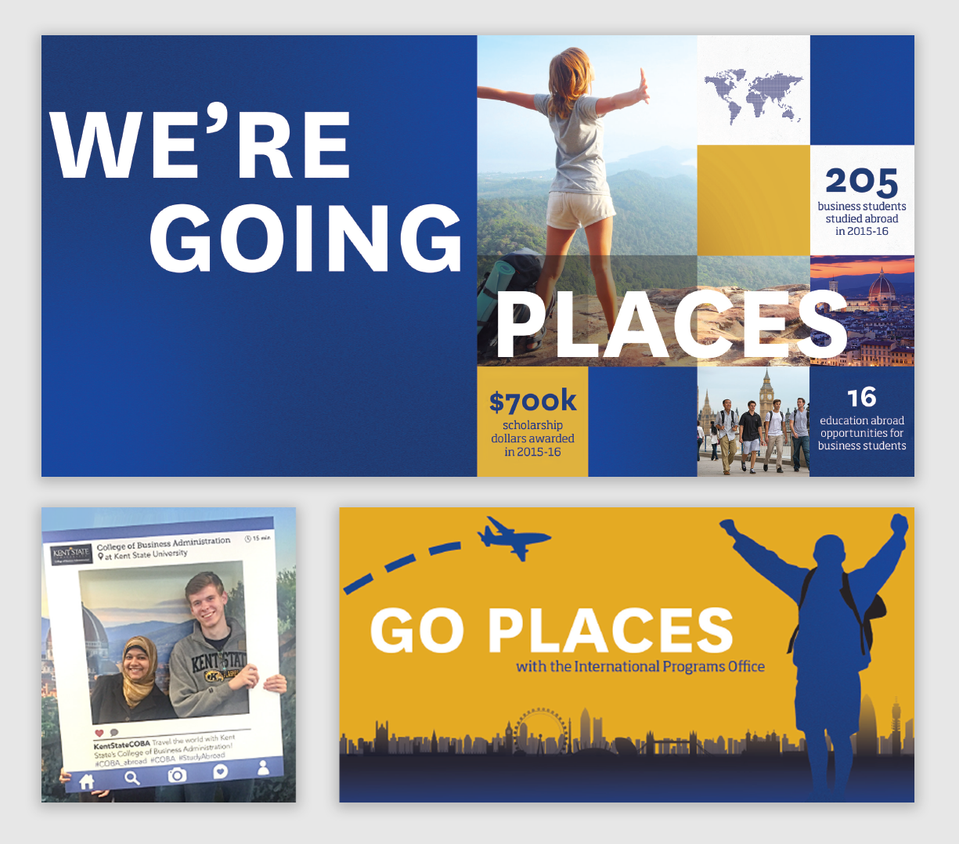 Three blue-and-yellow-themed design projects promoting traveling abroad in college