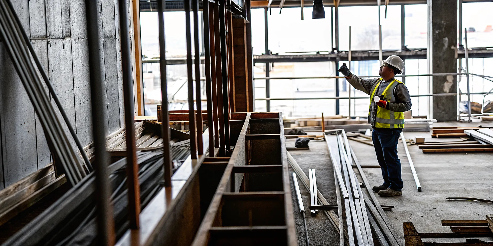 NYC construction inspector examining structural steel connections and building materials on a small commercial renovation site