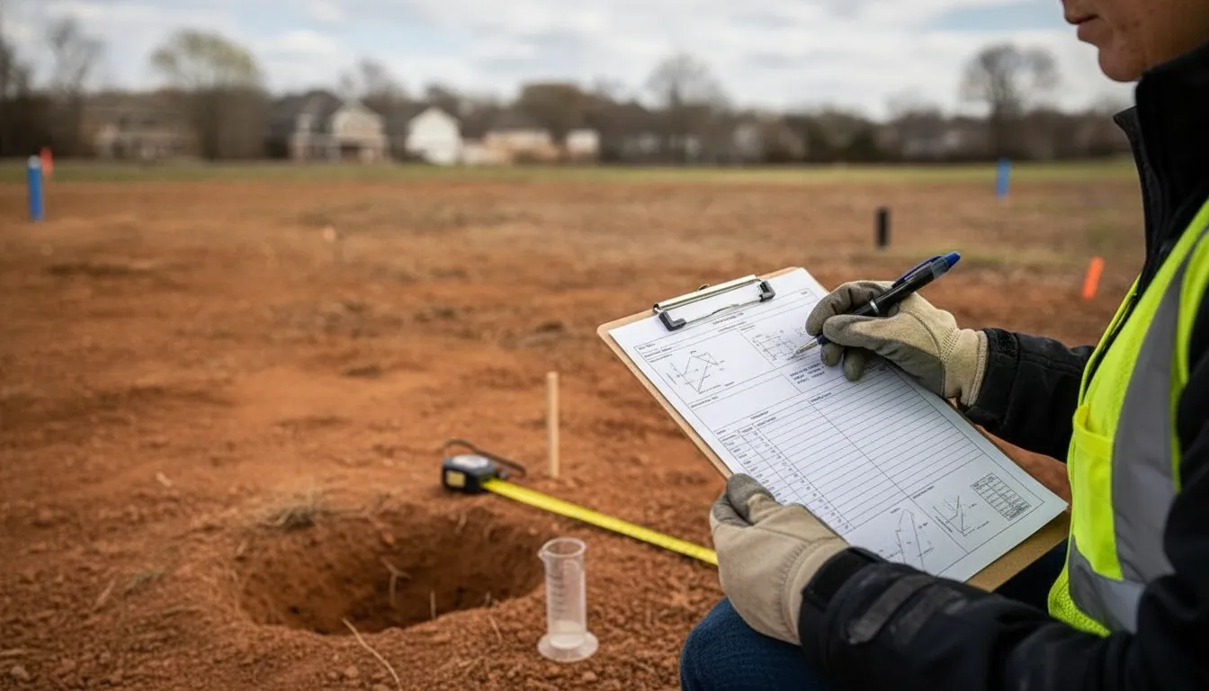 Engineer reviewing septic soil and absorption test information for a small NYC project