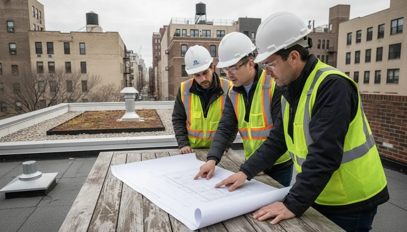 Architect, contractor, and inspector coordinating stormwater plans for a low-rise NYC project