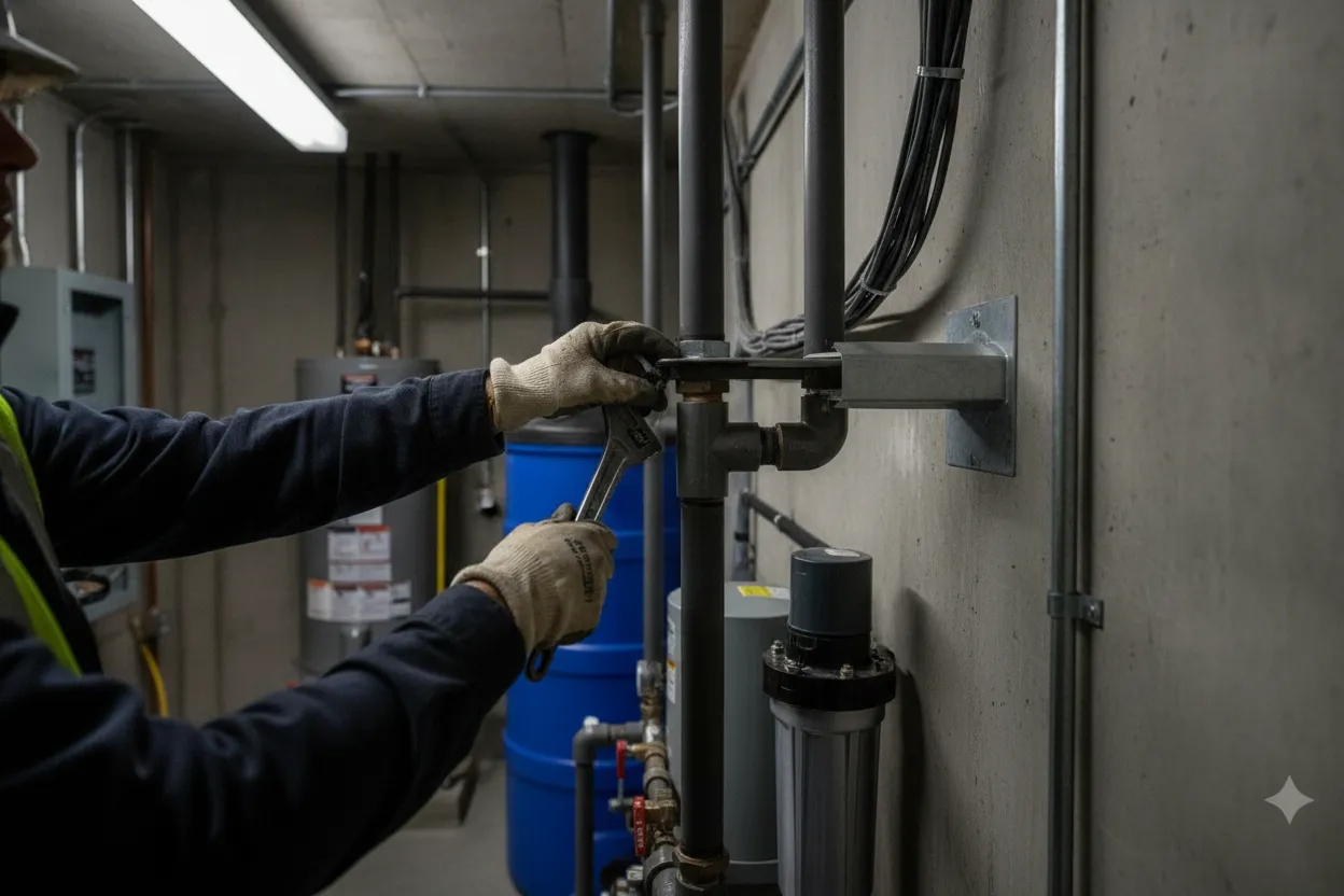 Inspector reviewing a compact non-potable water system in a small NYC building