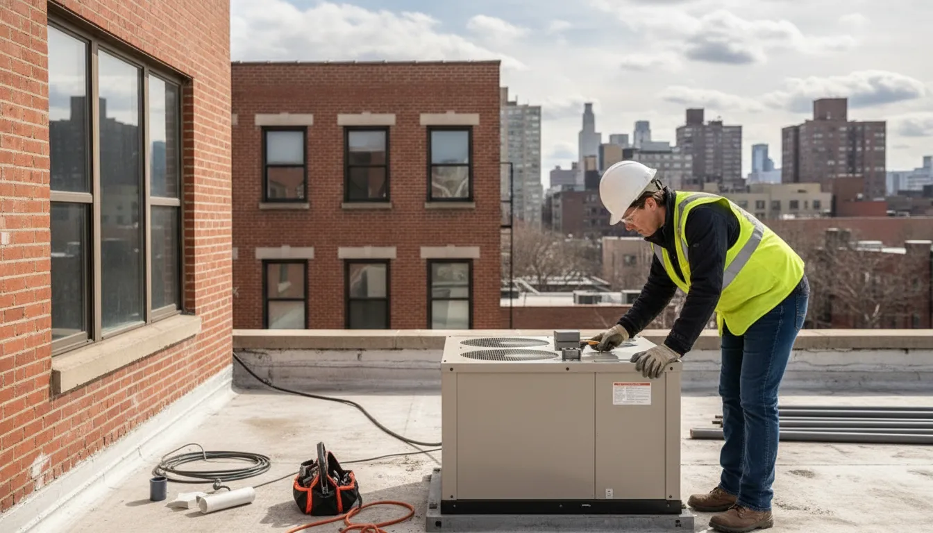 Inspector checking compact rooftop HVAC equipment at a small NYC commercial building