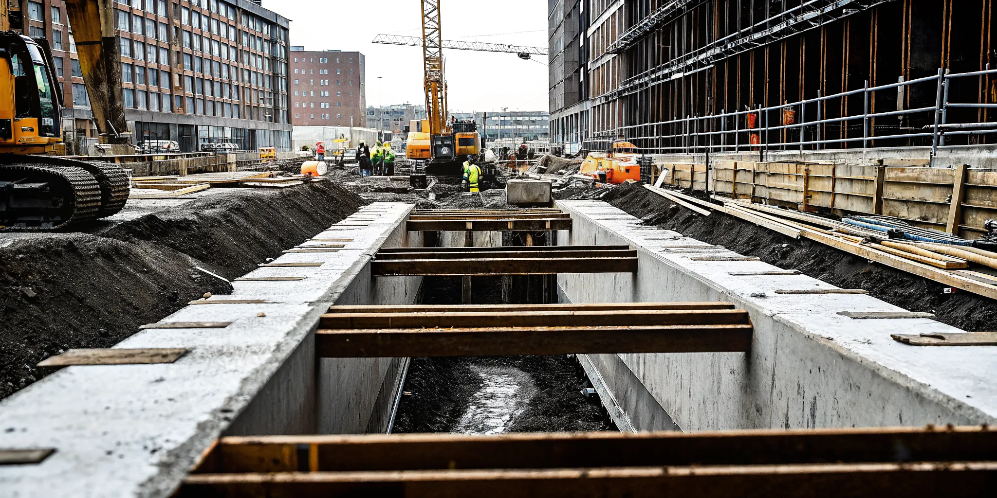 Active NYC excavation construction site installing concrete foundation underpinning