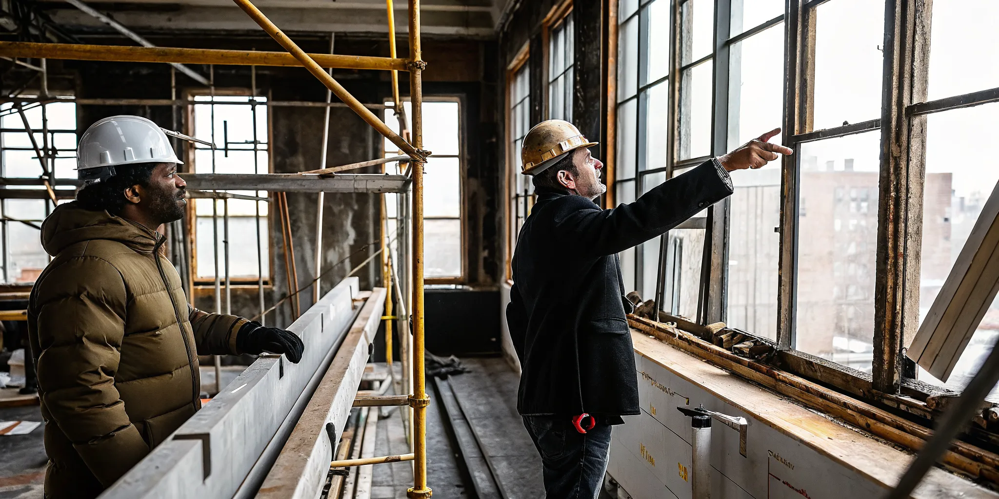 NYC construction inspector reviewing exposed structural work with a contractor
