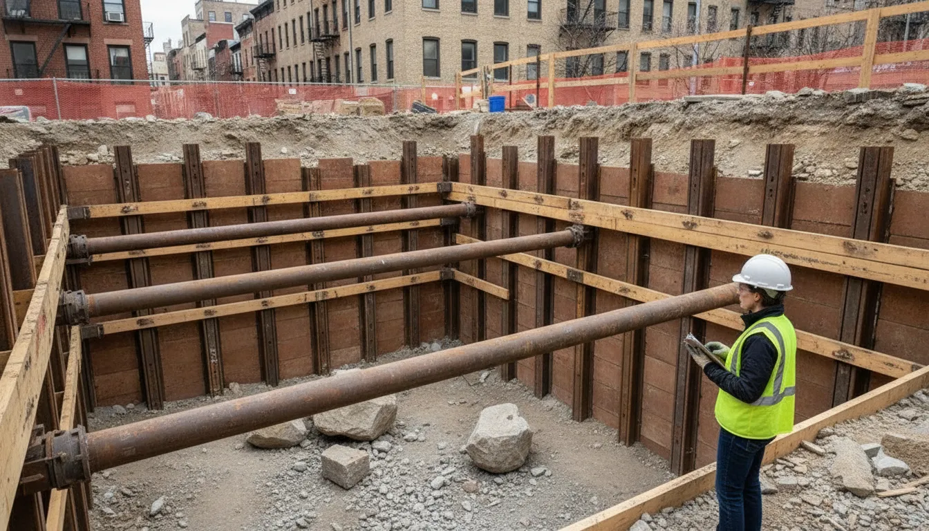 Inspector reviewing temporary excavation protection at a small NYC foundation project