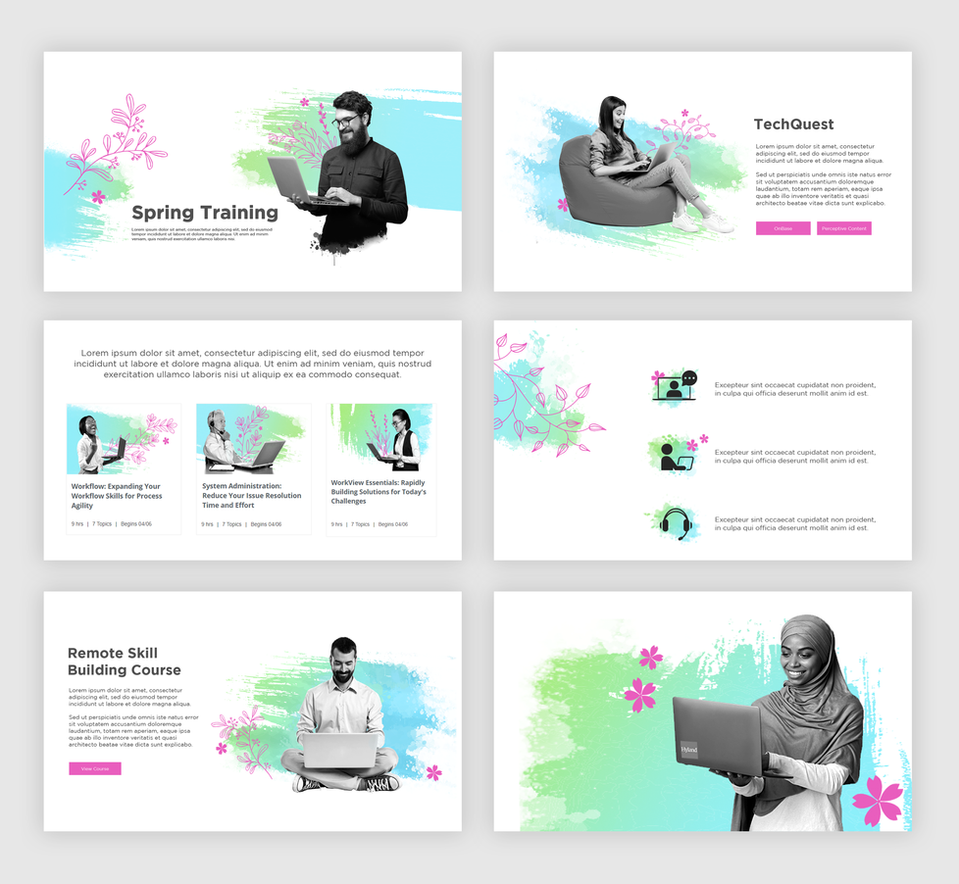 Six screenshots of sections of a minimalistic webpage, with blue and green watercolor splashes, pink flowers, and black-and-white photos of people using computers