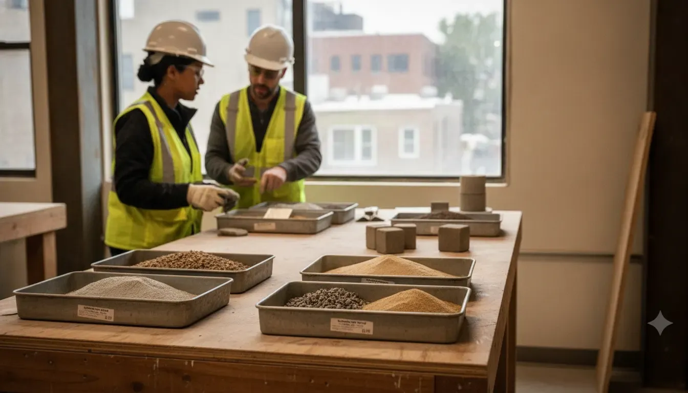 Construction professionals coordinating concrete material information for an NYC project