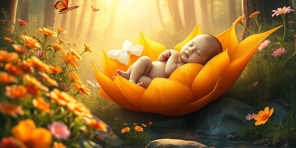 A serene nature scene celebrating the birth of a child and the feeling of gratitude. A newborn baby is gently cradled in soft orange leaves, surrounded by vibrant flowers and glowing sunlight filtering through tall trees. A gentle stream flows nearby, reflecting the golden light of dawn. Butterflies and birds hover peacefully, symbolizing life and harmony. The atmosphere is warm, magical, and full of love, with soft pastel tones and a dreamy, ethereal glow. The focus is on purity, innocence.