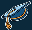 Graduation cap icon, light and dark blue with orange stripe